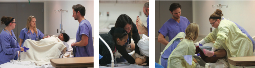 Photo series showing various students participating in birth and labor simulations