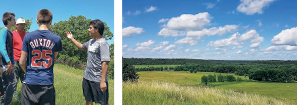 Two photos: Minnesota River Valley landscape + Adam Savariego talking on site to youth