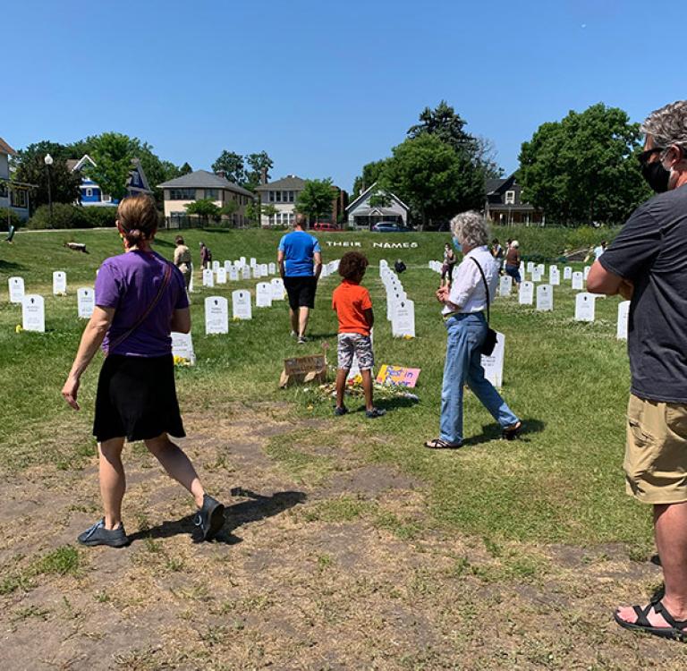 A memorial showcasing tombstones for police brutality victims