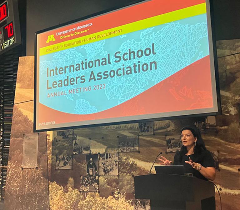 Director of International Initiatives Marina Aleixo gives the opening remarks at the ISLA welcome reception at McNamara Alumni Center.