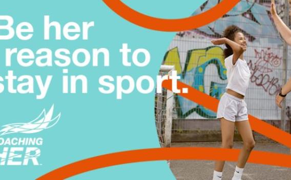 Coaching HER banner of athletes high fiving.