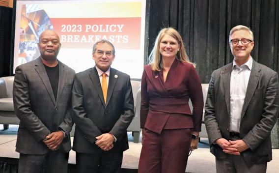 Panel members at the Policy Breakfast include (left to right) Minnesota Department of Education (MDE) Commissioner Willie Jett, CEHD Dean Michael C. Rodriguez, CEHD’s Executive Director of Educational Leadership Katie Pekel, and Superintendent of Rochester Public Schools Kent Pekel