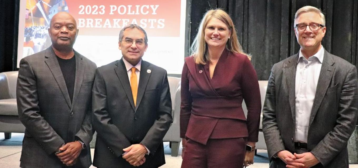Panel members at the Policy Breakfast include (left to right) Minnesota Department of Education (MDE) Commissioner Willie Jett, CEHD Dean Michael C. Rodriguez, CEHD’s Executive Director of Educational Leadership Katie Pekel, and Superintendent of Rochester Public Schools Kent Pekel