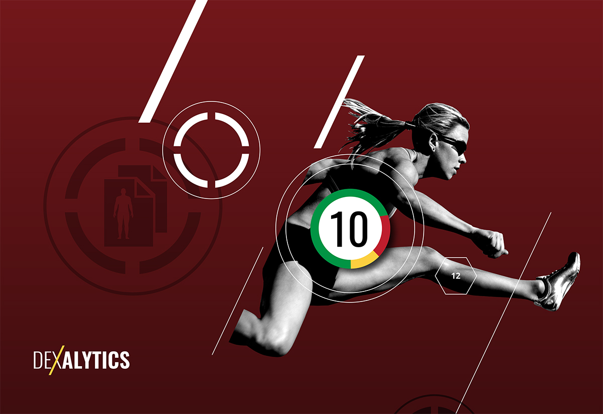 Artwork from Dexalytics advertising material featuring a woman jumping a hurdle against a red background.