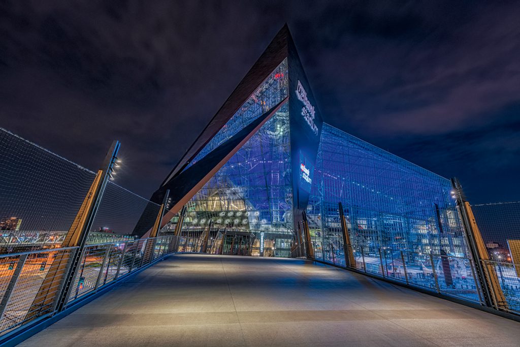 U.S. Bank Stadium lights up at night in Minneapolis