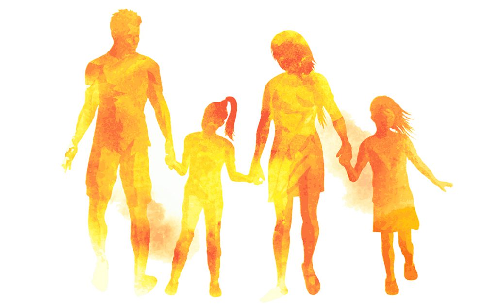 Color outline of two adults and two children holding hands