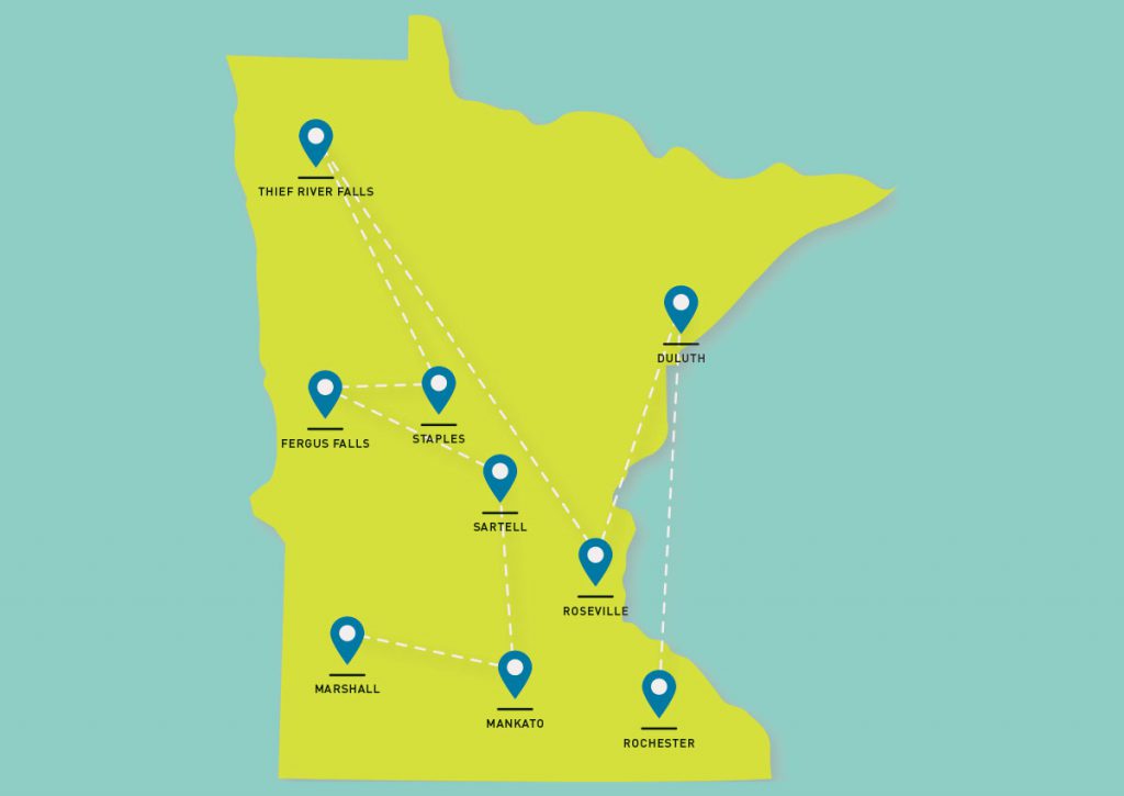 Map of Minnesota with 9 tour sites marked