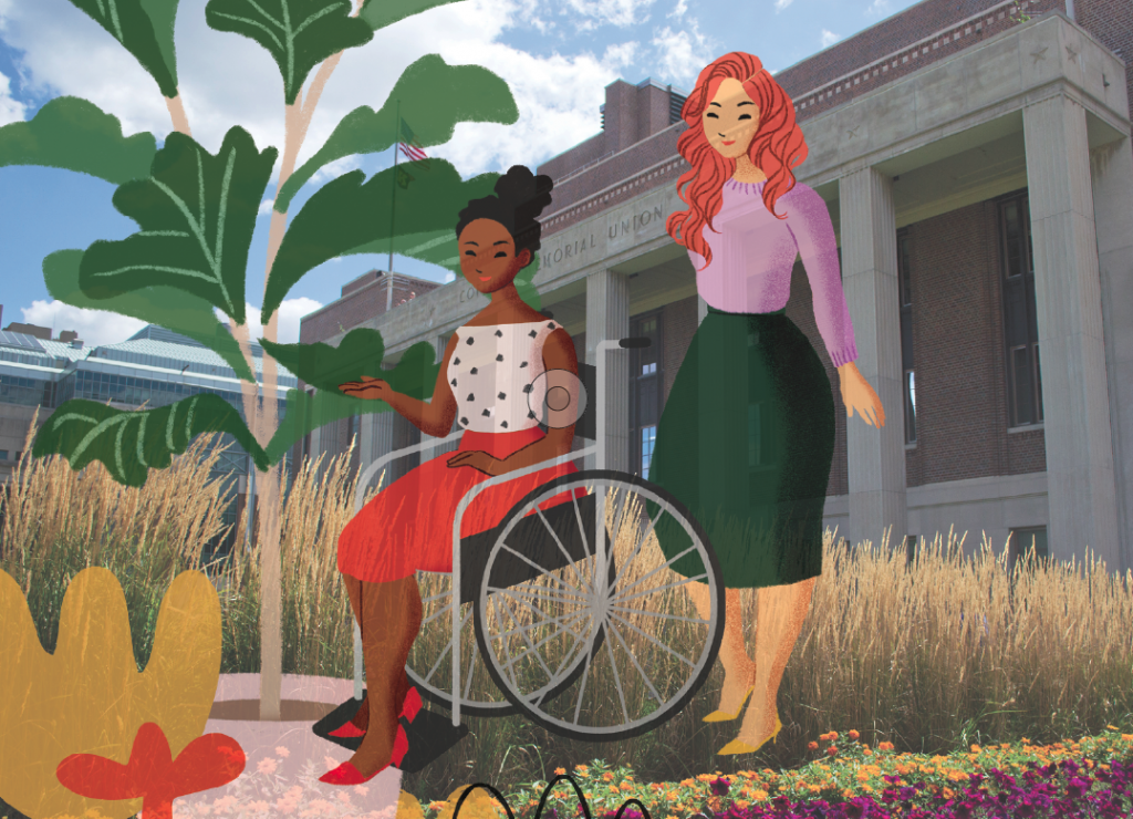 Graphic of two people looking at a plant, one in a wheel chair