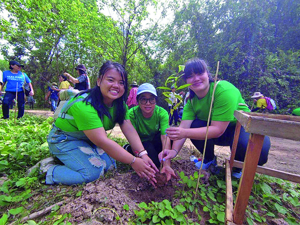 Three CEHD students pose next to a small tree they just planted