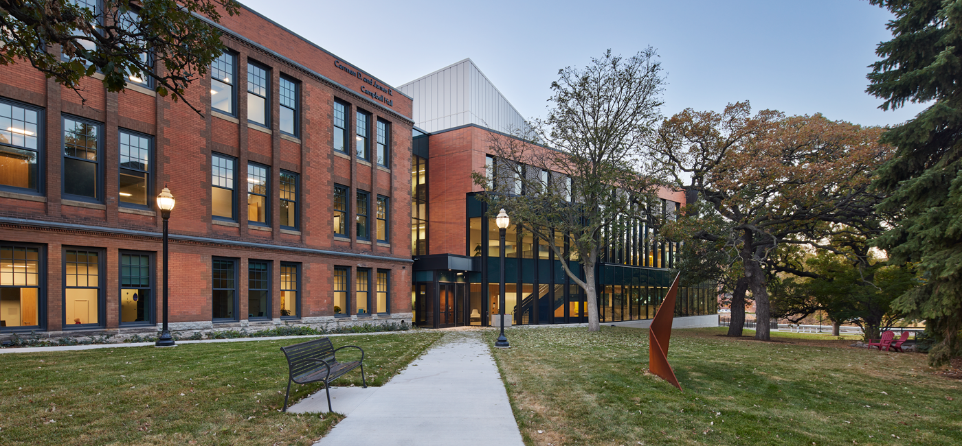 A external view of the front of the new Carmen D. and James R. Campbell Hall