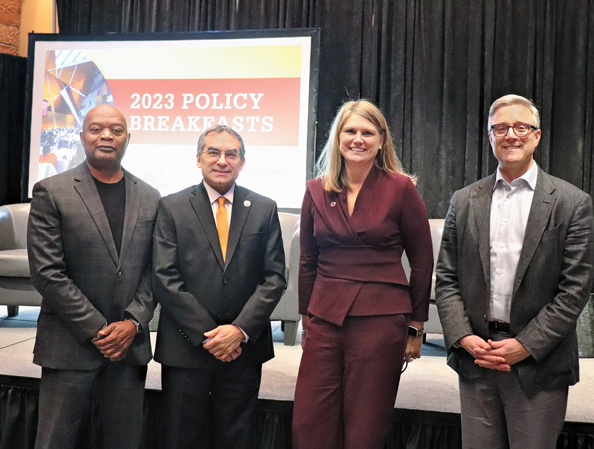 Panel members at the Policy Breakfast include (left to right) Minnesota Department of Education (MDE) Commissioner Willie Jett, CEHD Dean Michael C. Rodriguez, CEHD’s Executive Director of Educational Leadership Katie Pekel, and Superintendent of Rochester Public Schools Kent Pekel.